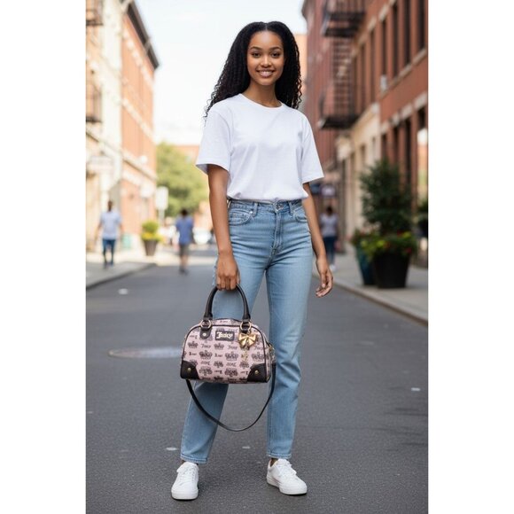 Juicy Couture Light Pink & Brown Trim Crossbody Satchel Bag - Picture 3 of 16